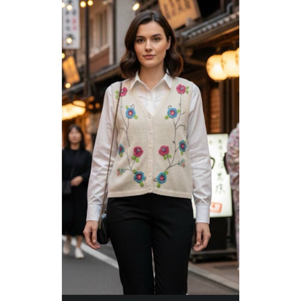 Vtg Cricket Lane Sweater Vest Cottagecore‎ Floral Embroidered Striped Women’s M